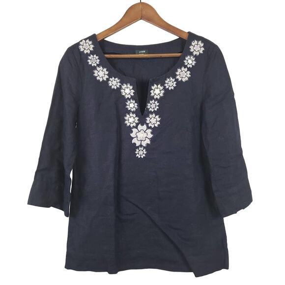 J Crew Linen Top Blouse Tunic Navy Silver - S - Picture 1 of 4